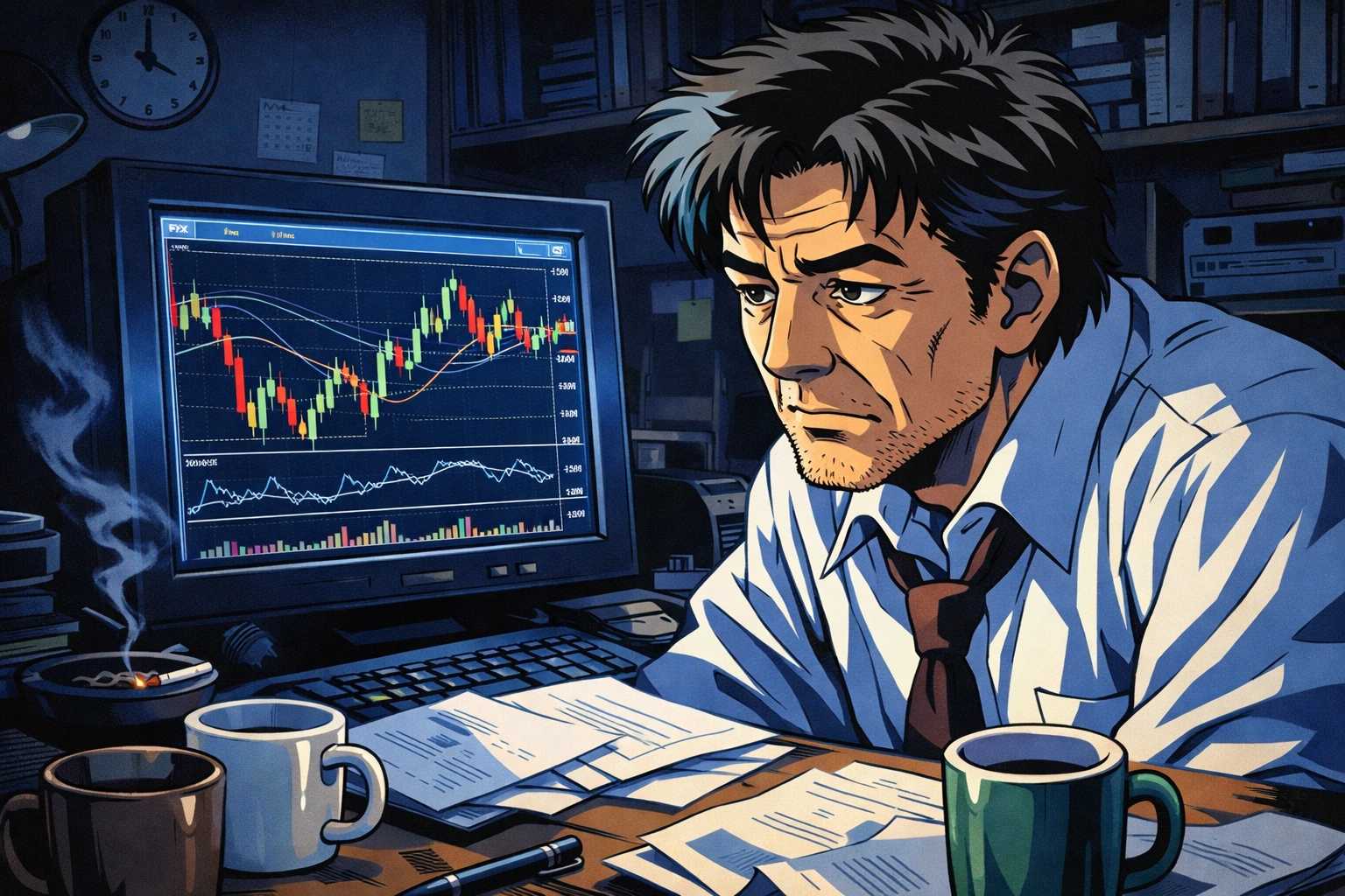深夜にFXチャートを見つめる50代男性・90年代セルアニメ風