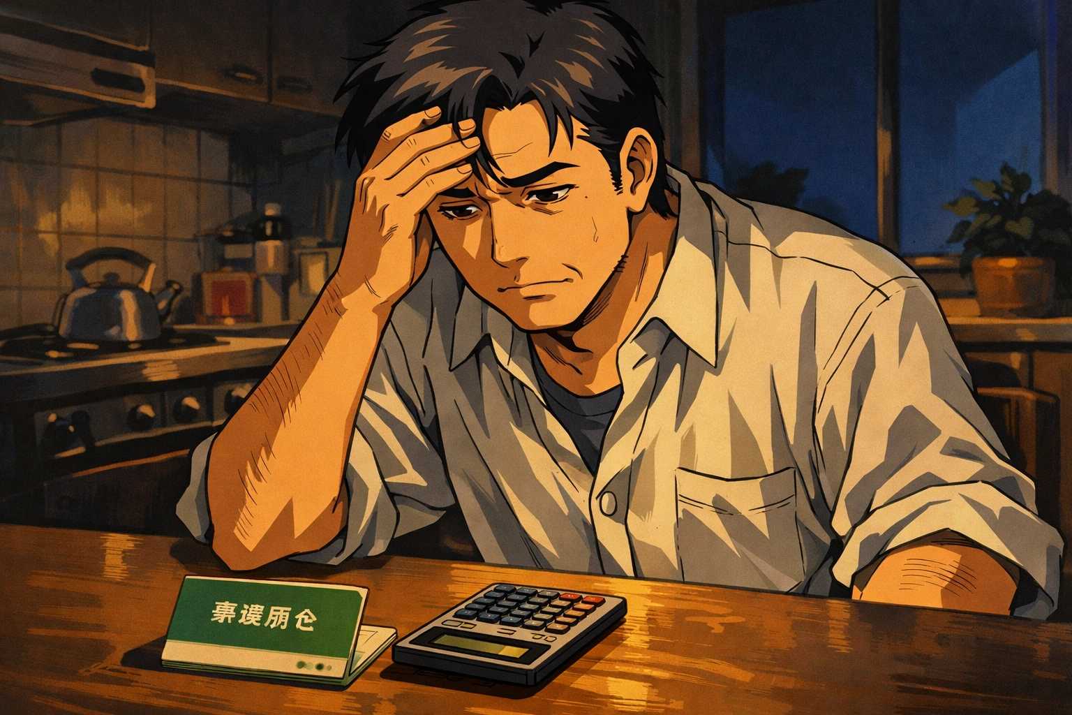 通帳と電卓を前に考え込む50代男性・90年代アニメセルルック