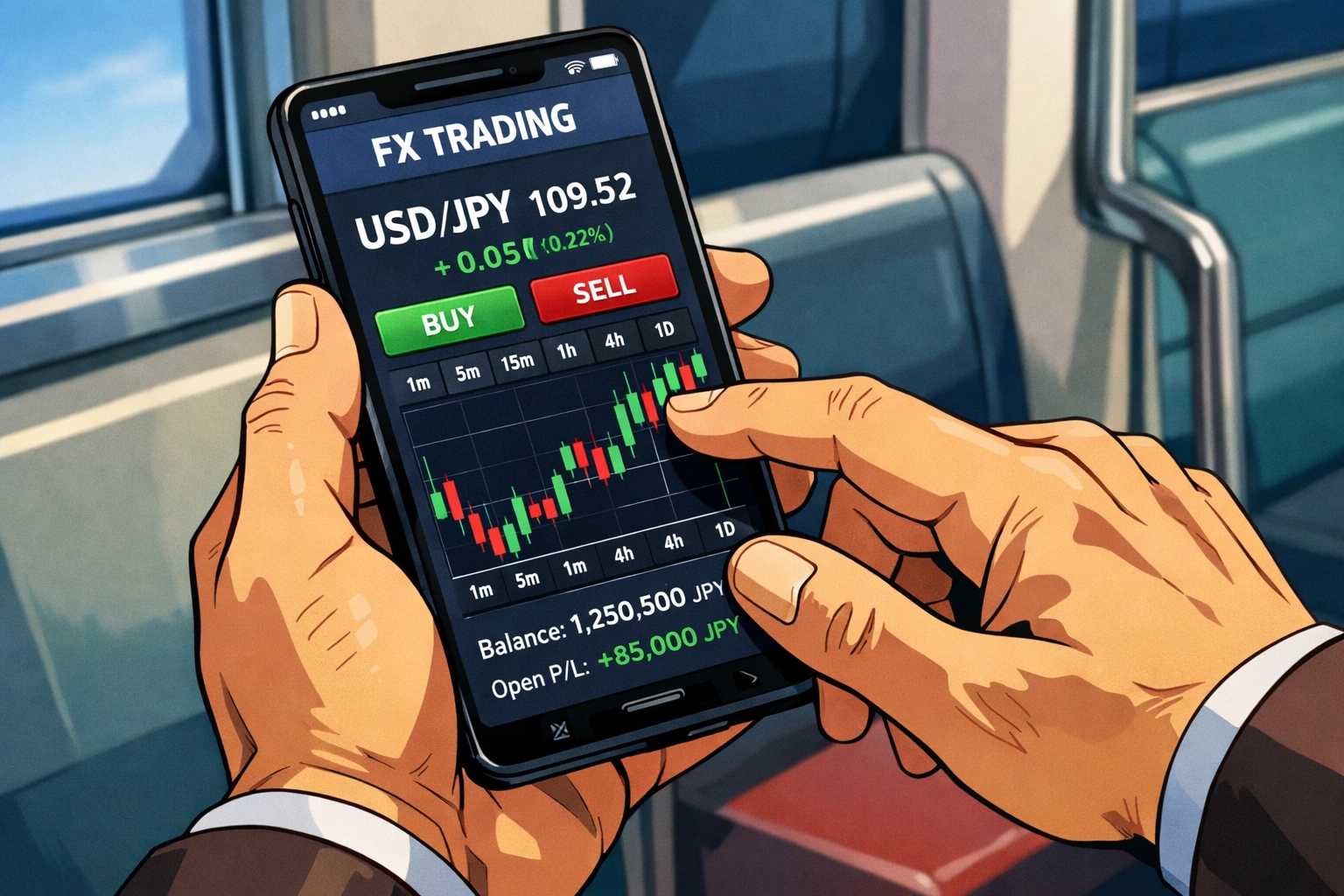 スマホでFXアプリを操作する50代男性・90年代セルアニメ風