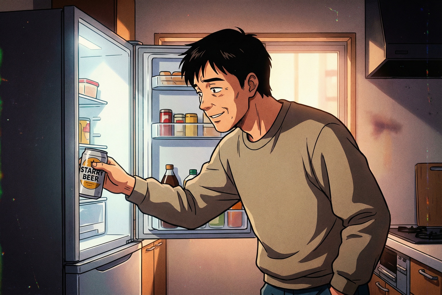 冷蔵庫を開けて缶ビールを取り出す中年男性・90年代アニメセルルック