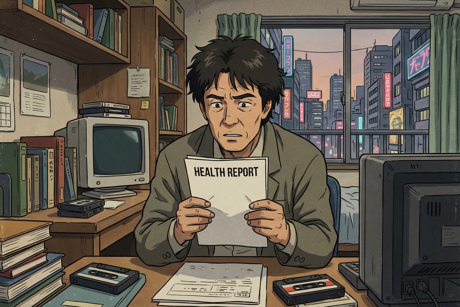 健康診断の結果を見つめる50代男性・90年代セルアニメ風