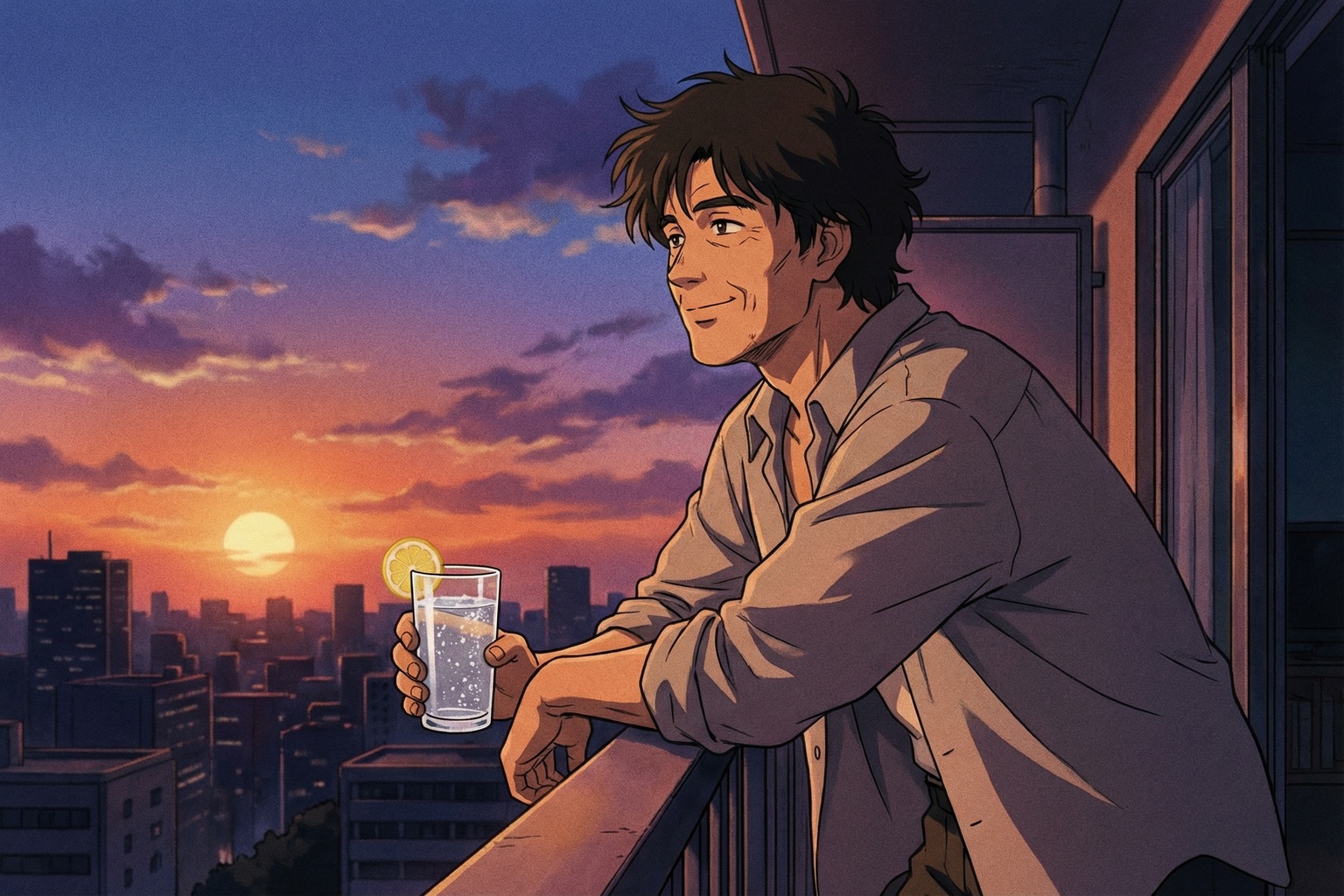 夕暮れにノンアルコール飲料を手にくつろぐ50代男性・90年代セルアニメ調