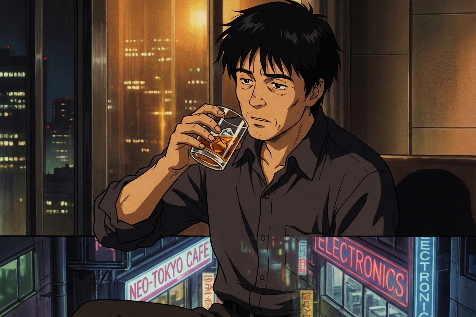 深夜に一人グラスを傾ける50代男性・90年代セルアニメ風