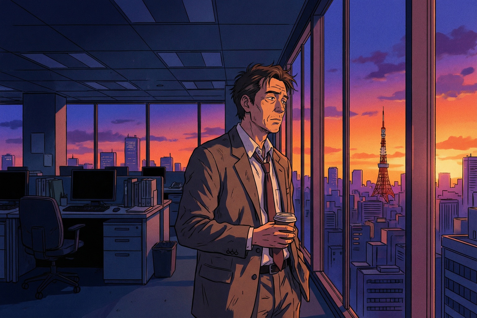 夕暮れのオフィスで一人佇む中年男性・90年代アニメセルルック