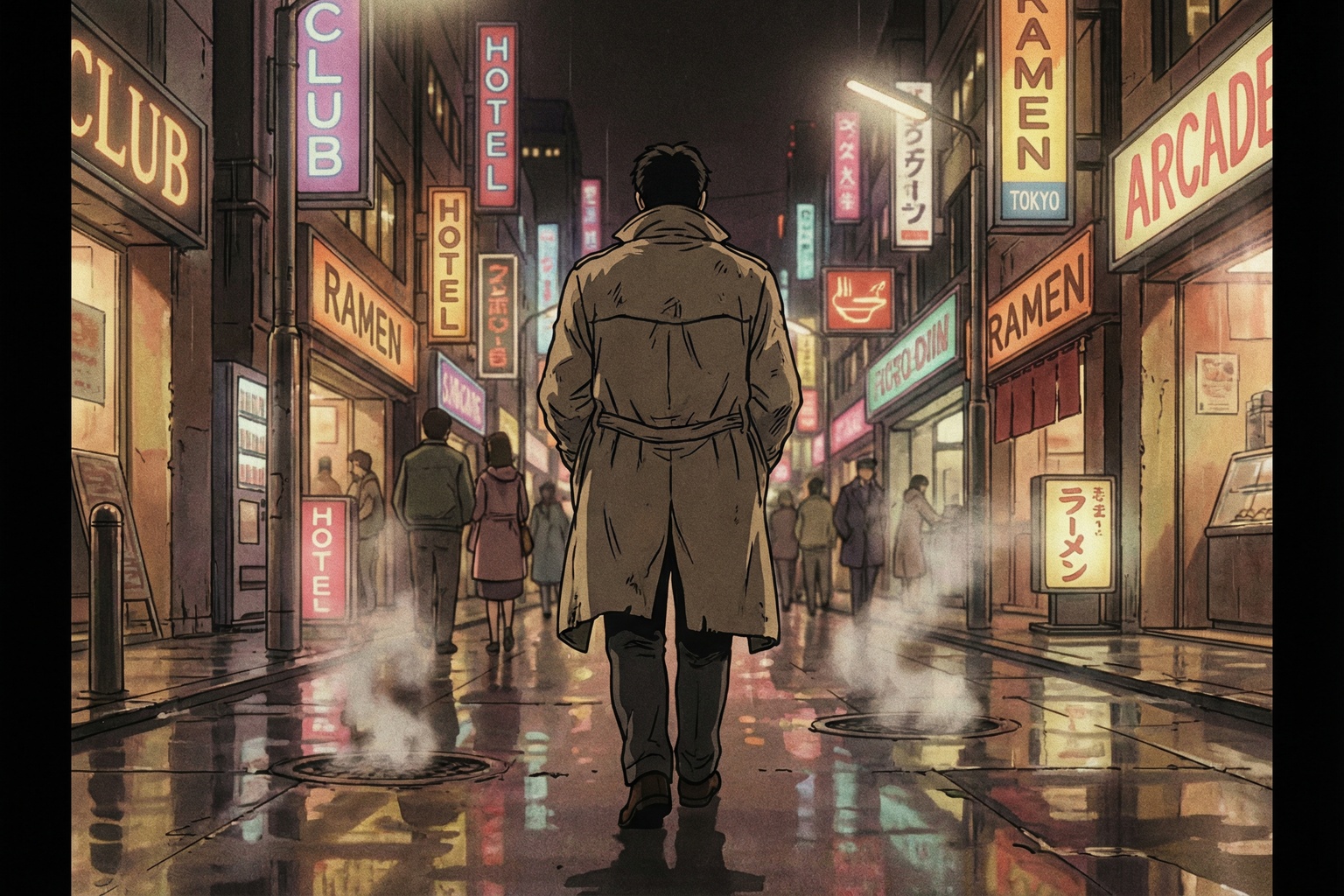 夜の街を一人歩く50代男性の後ろ姿・90年代セルアニメ風
