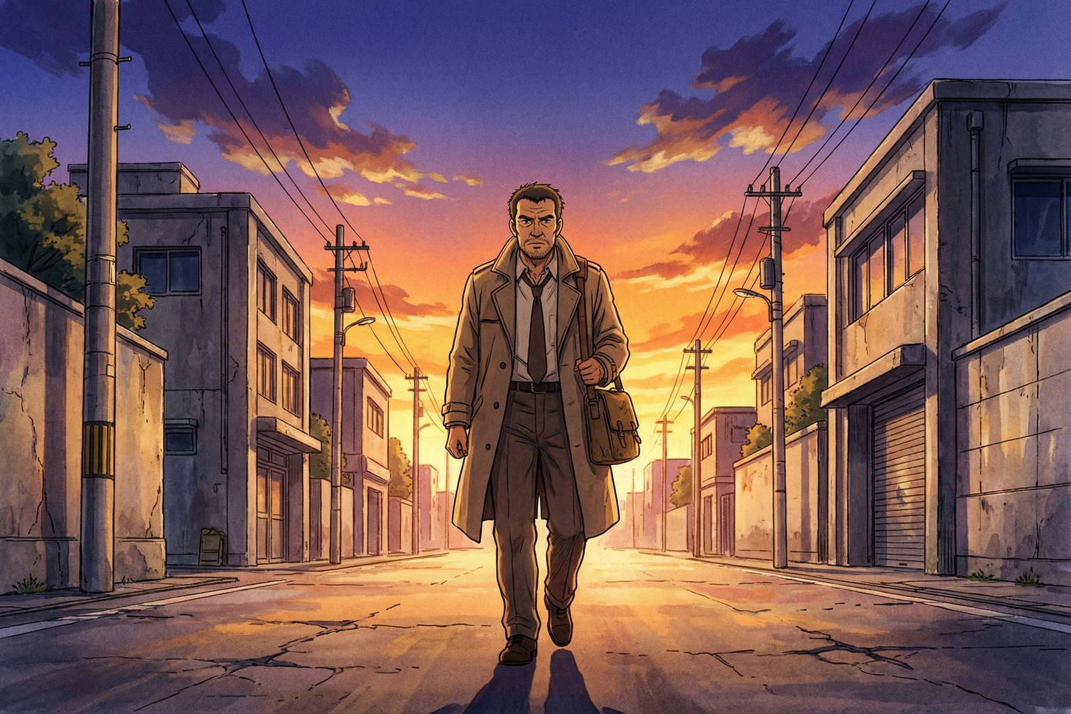 夜明けの一本道を歩き始める50代男性・90年代セルアニメ調