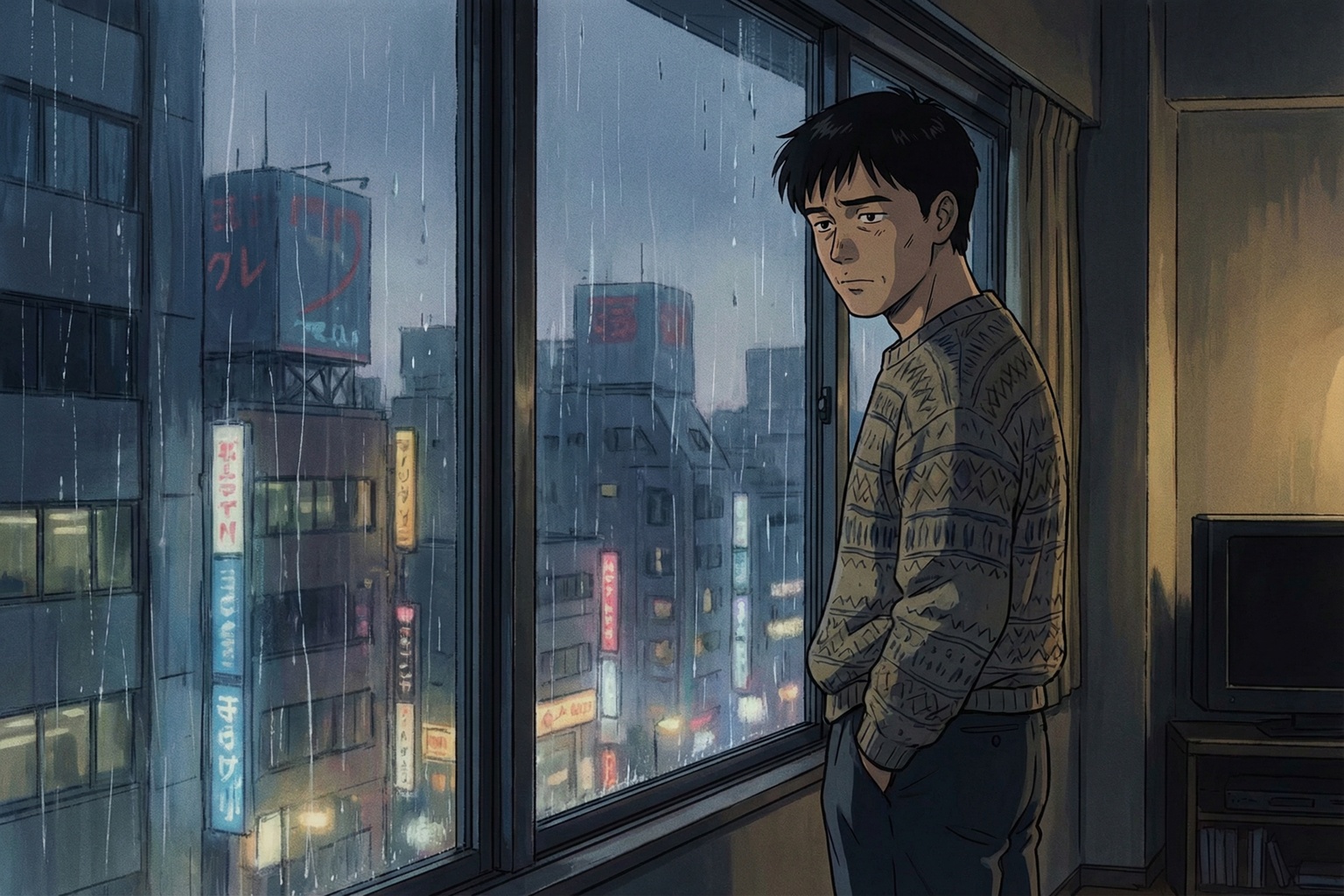 雨の窓際で遠くを見つめる50代男性・90年代セルアニメ風