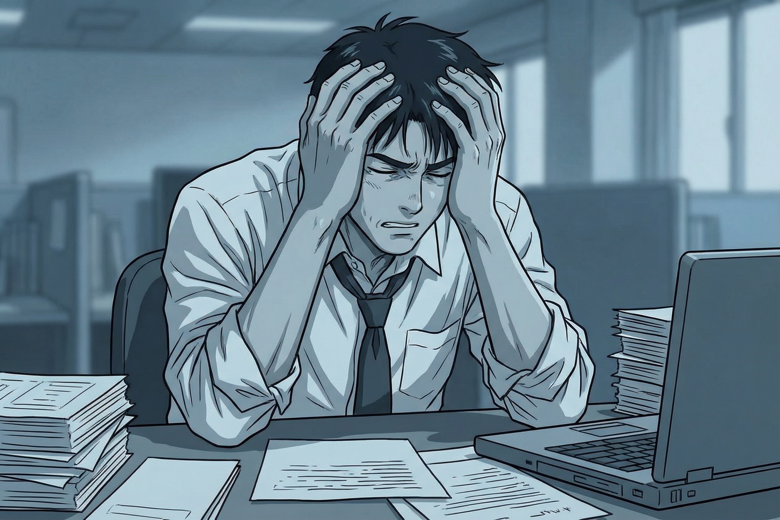 デスクで頭を抱える疲れ果てた50代男性・90年代アニメセルルック