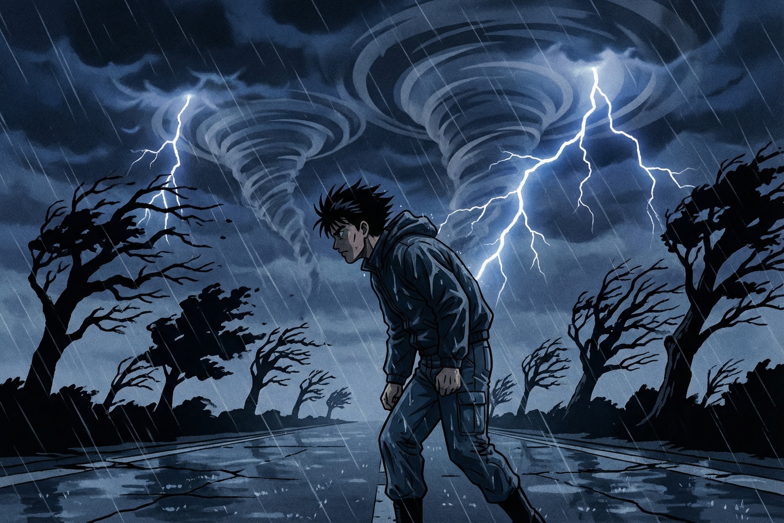 嵐の中を一人歩く50代男性・90年代セルアニメ風