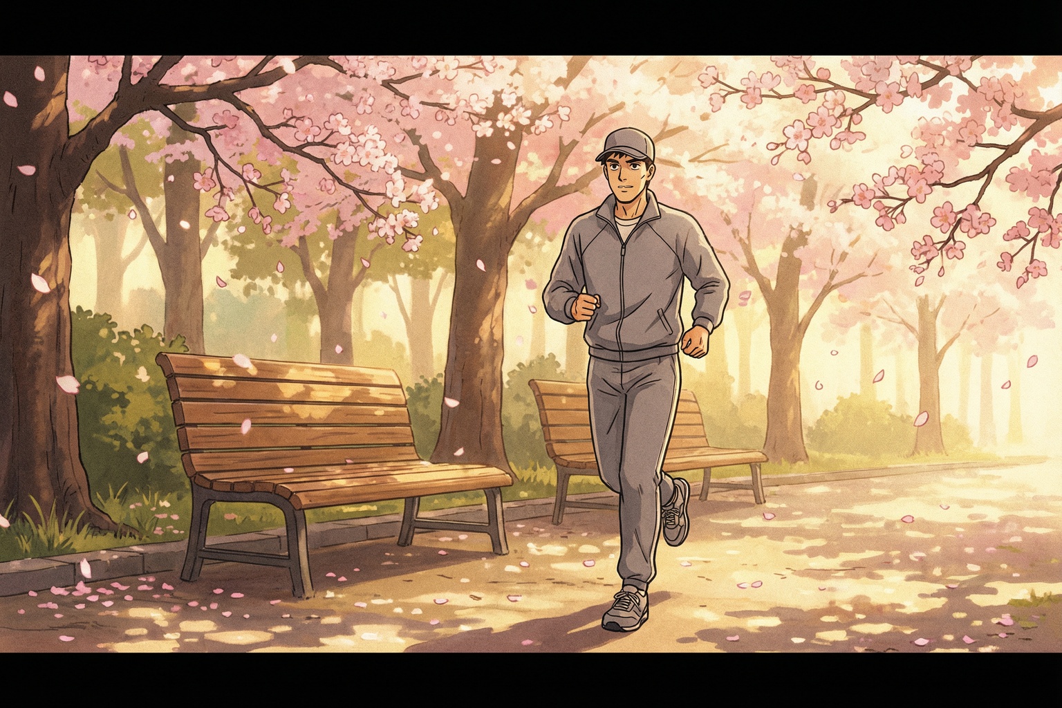 朝の公園をゆっくり走り始める50代男性・90年代セルアニメ調