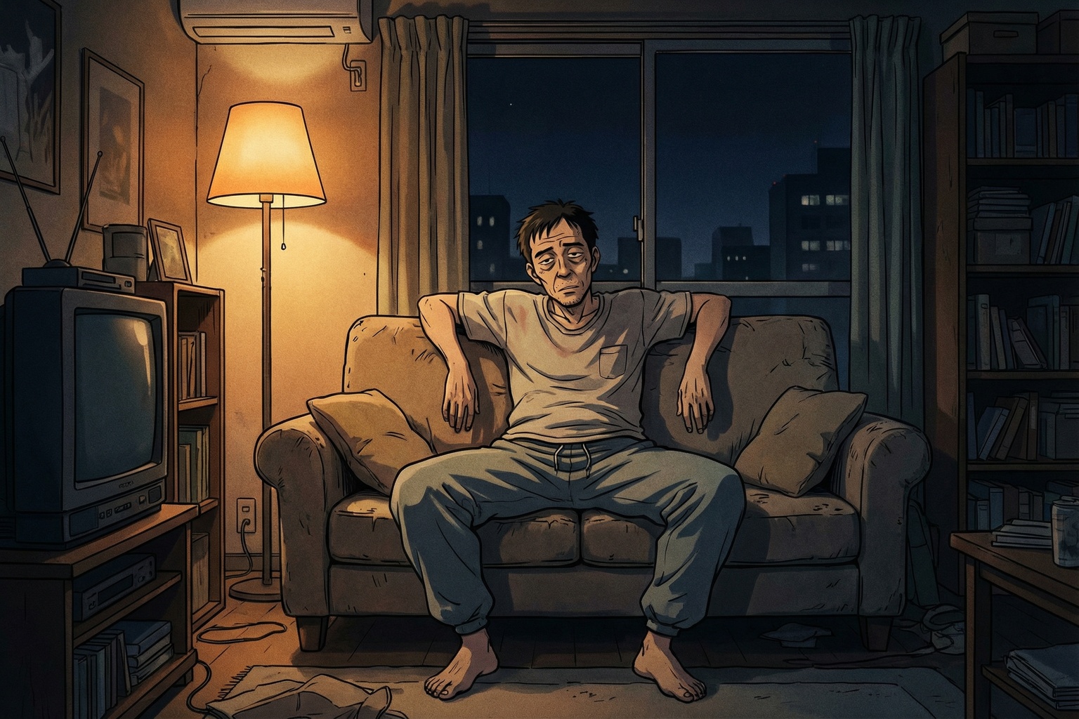 ソファに力なく座る50代男性・90年代セルアニメ風