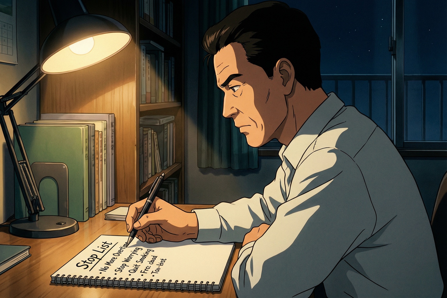 ノートに何かを書き出す50代男性の手元・90年代アニメセルルック