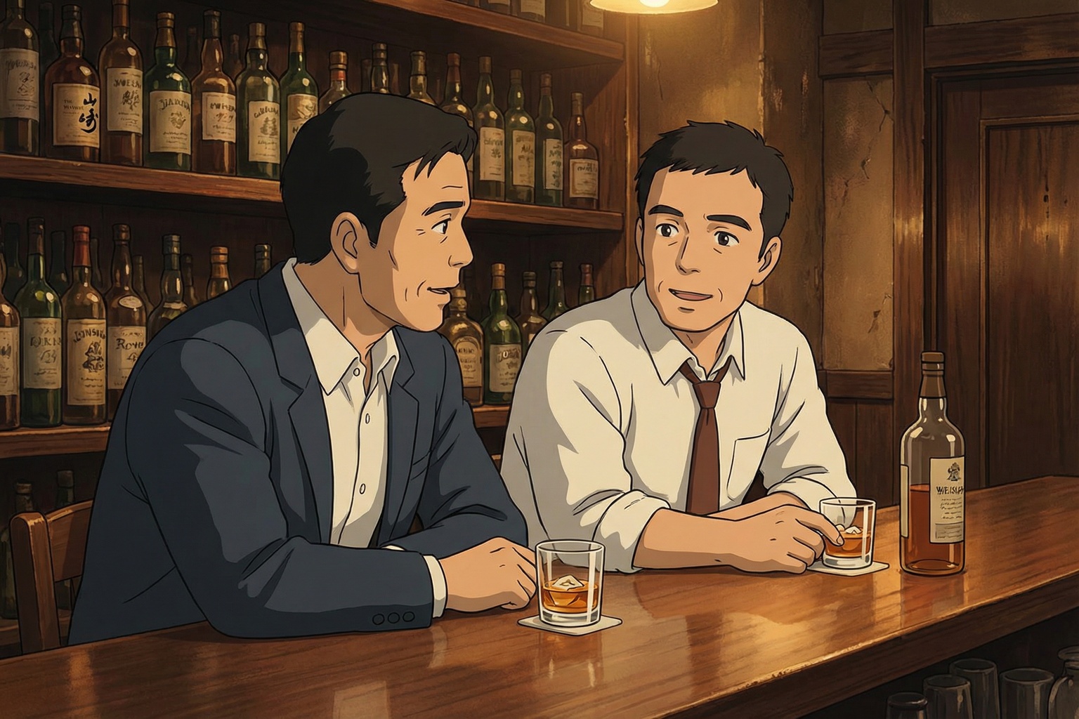 バーカウンターで語り合う二人の中年男性・90年代セルアニメ風