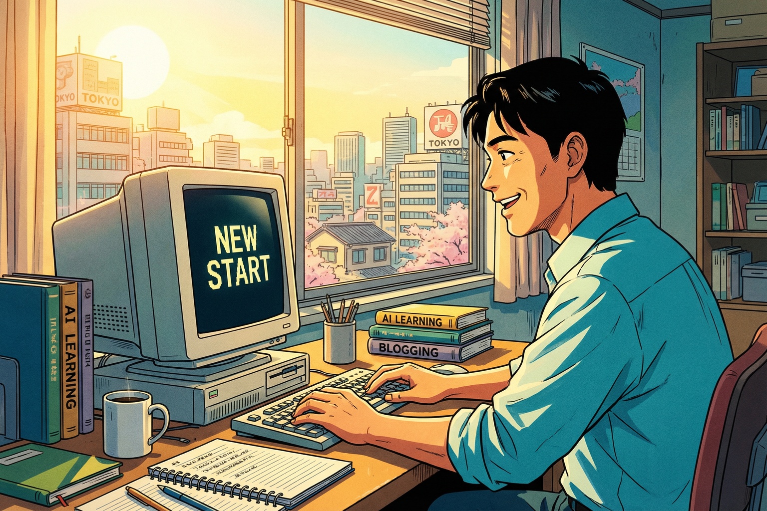 新しいことを始めようとする50代男性・90年代セルアニメ調