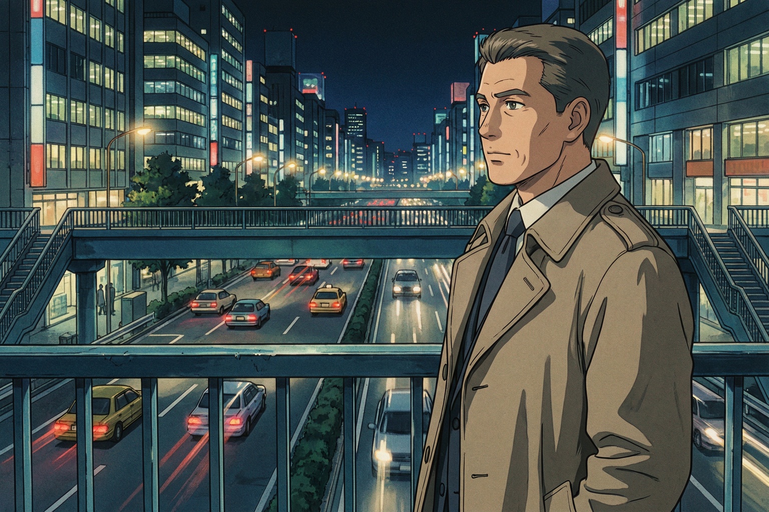 岐路に立ち遠くを見渡す50代男性・90年代セルアニメ風