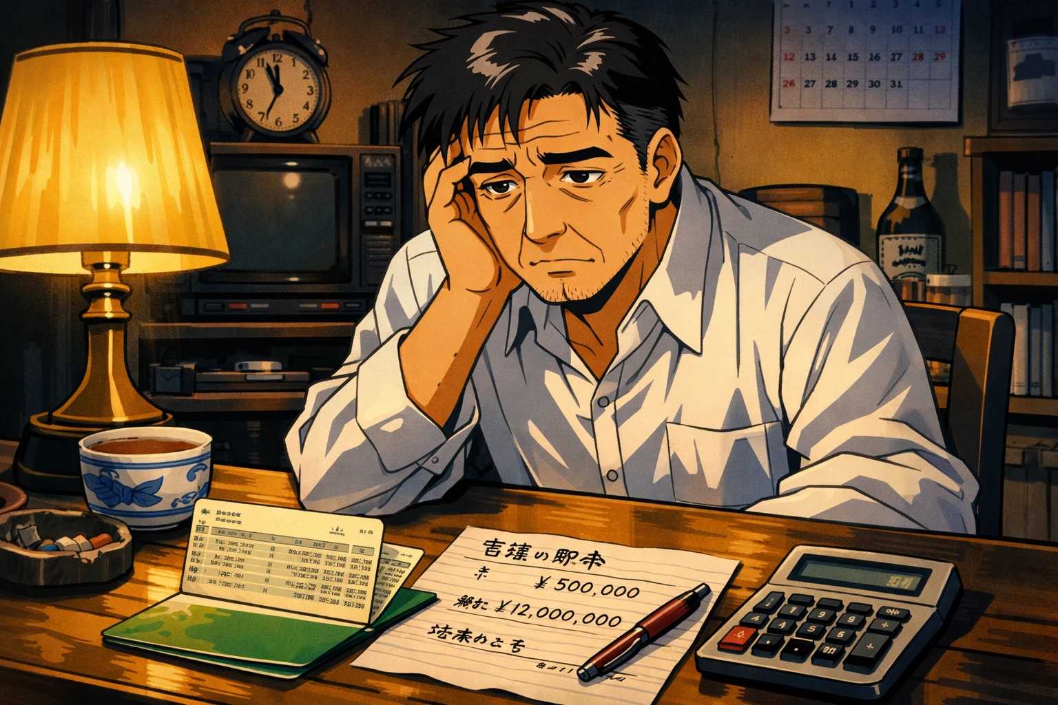 深夜に電卓と通帳を前に頭を抱える50代男性・90年代セルアニメ風
