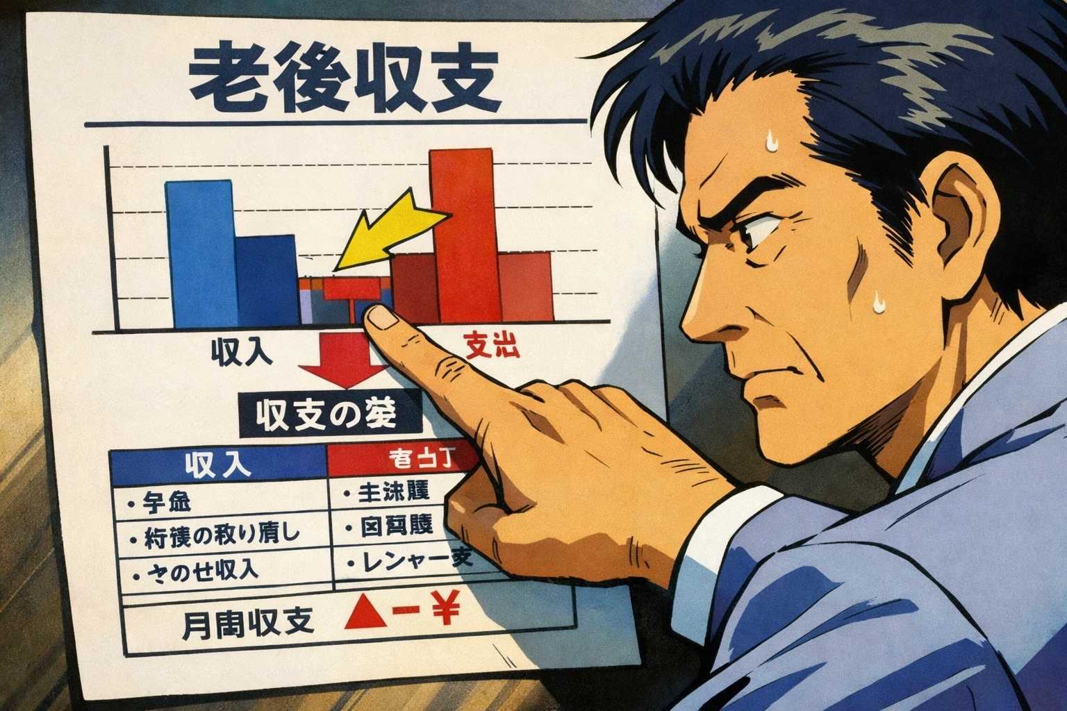 老後の収支計算表を見つめる中年男性・90年代アニメセルルック