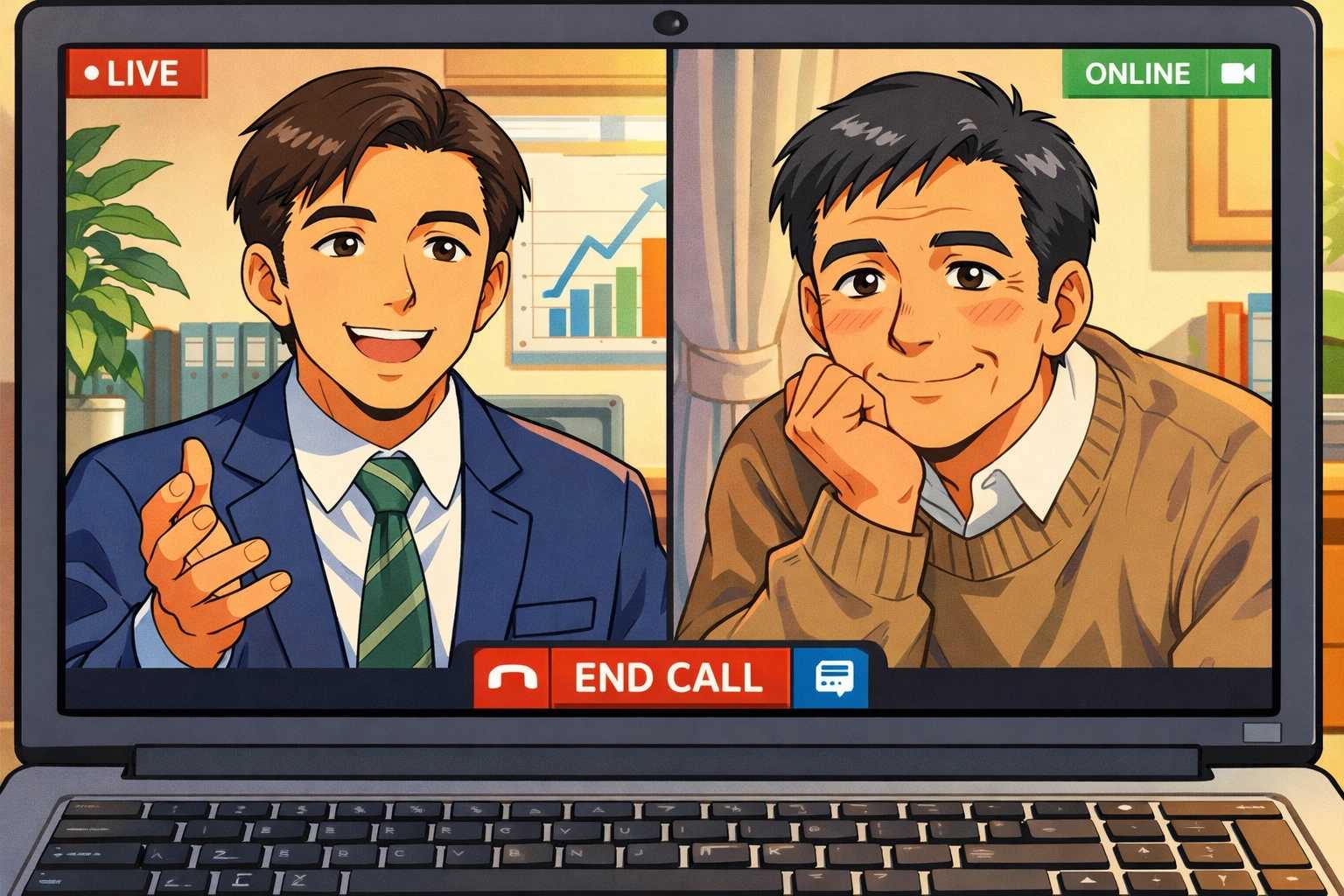 投資戦略の図を眺める50代男性・90年代セルアニメ風