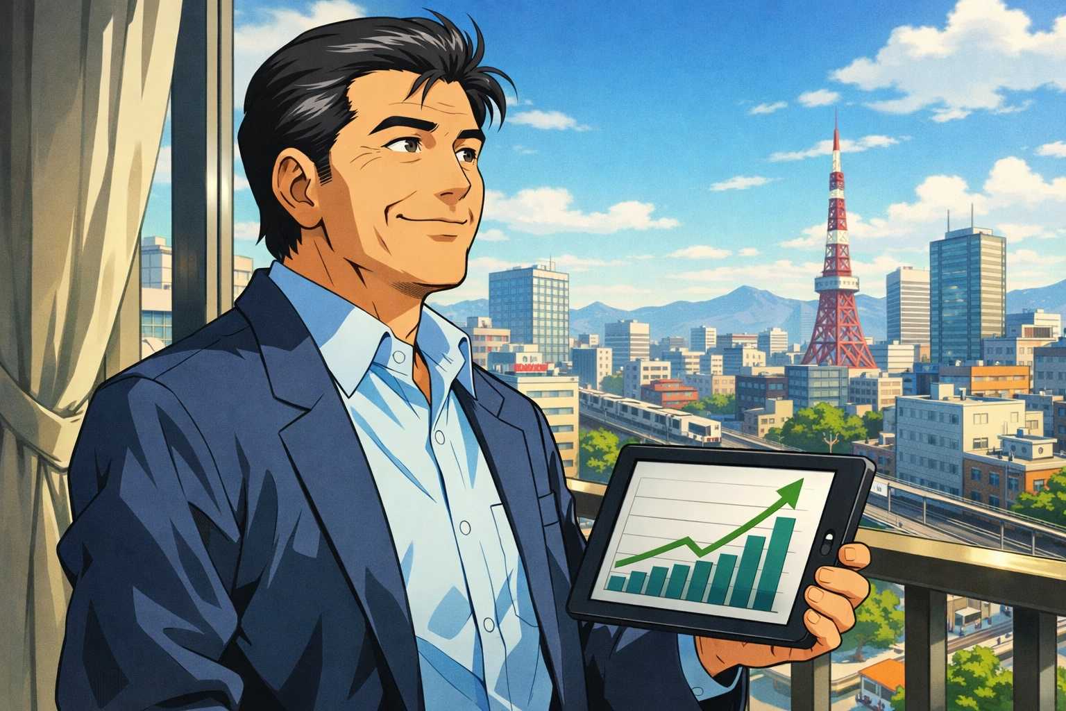 オンラインでFPと相談する50代男性・90年代セルアニメ調